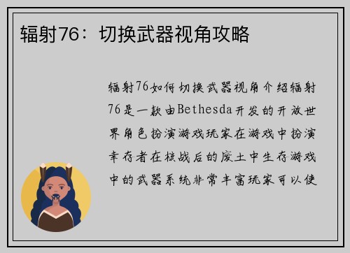 辐射76：切换武器视角攻略